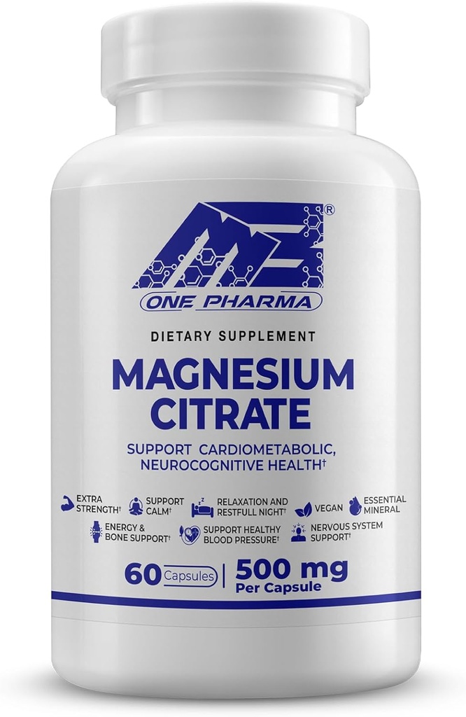 MB One Magnesium Citrate 500mg - Highly Absorption Formula for Muscle, Nerve, Sleep & Bone Support - Vegan, Non-GMO - Digestive " Heart Health - 60 Caps - 60 Day Supply