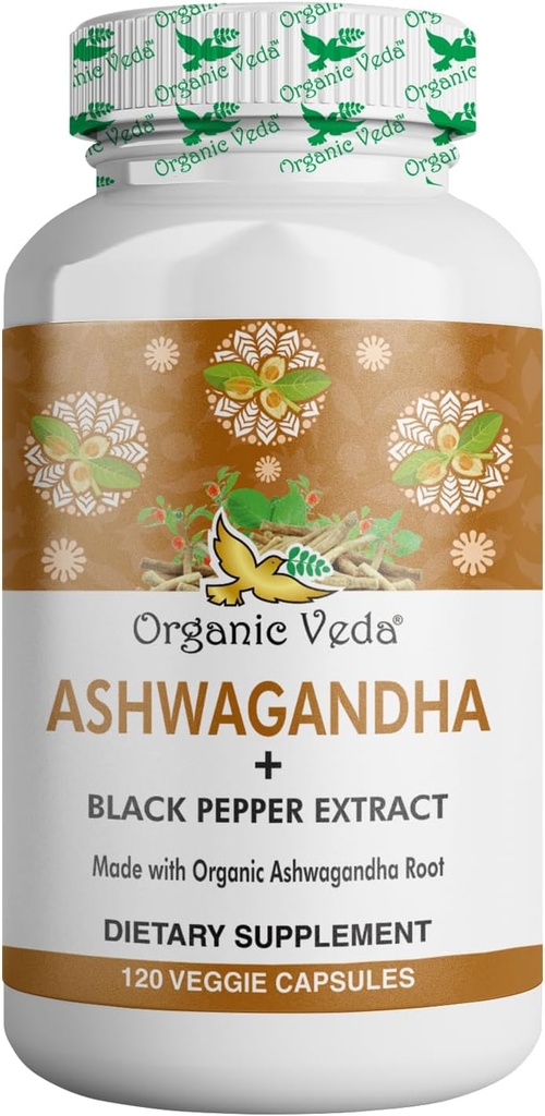Organic Veda Ashwagandha Suplementos, 1500mg - Ashwagandha Capsules con Black Pepper Extract - Hecho de puro 100% orgánico Ashwagandha Root - Mood Support Suplemento &amp; Energy, 120 Veggie