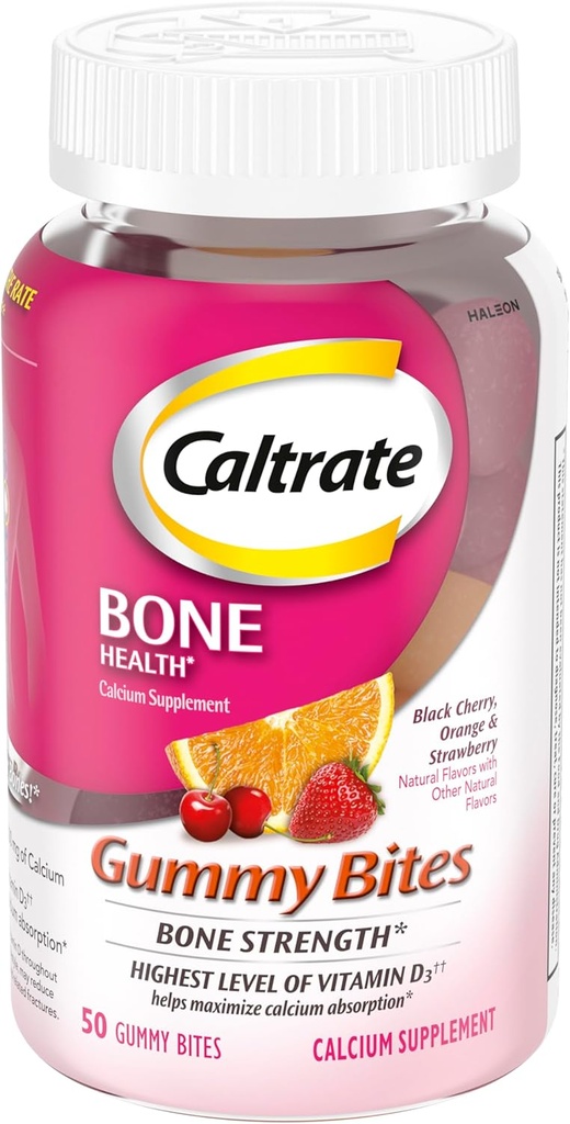 Caltrato Gummy Bites 500 mg Calcio y Vitamina D Suplemento, Cereza Negra, Fresa, Orange - 50 Conde
