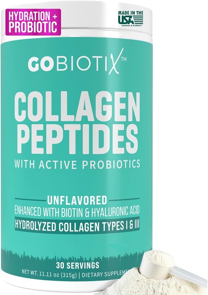 GOBIOTIX Collagen Powder Suplemento con Probióticos - Hidrolyzed Protein Collagen Powder for Women - Hair Skin and Nails, Joint and Digestive Health - Collagen Peptides Tipo I y III - 30 Servings
