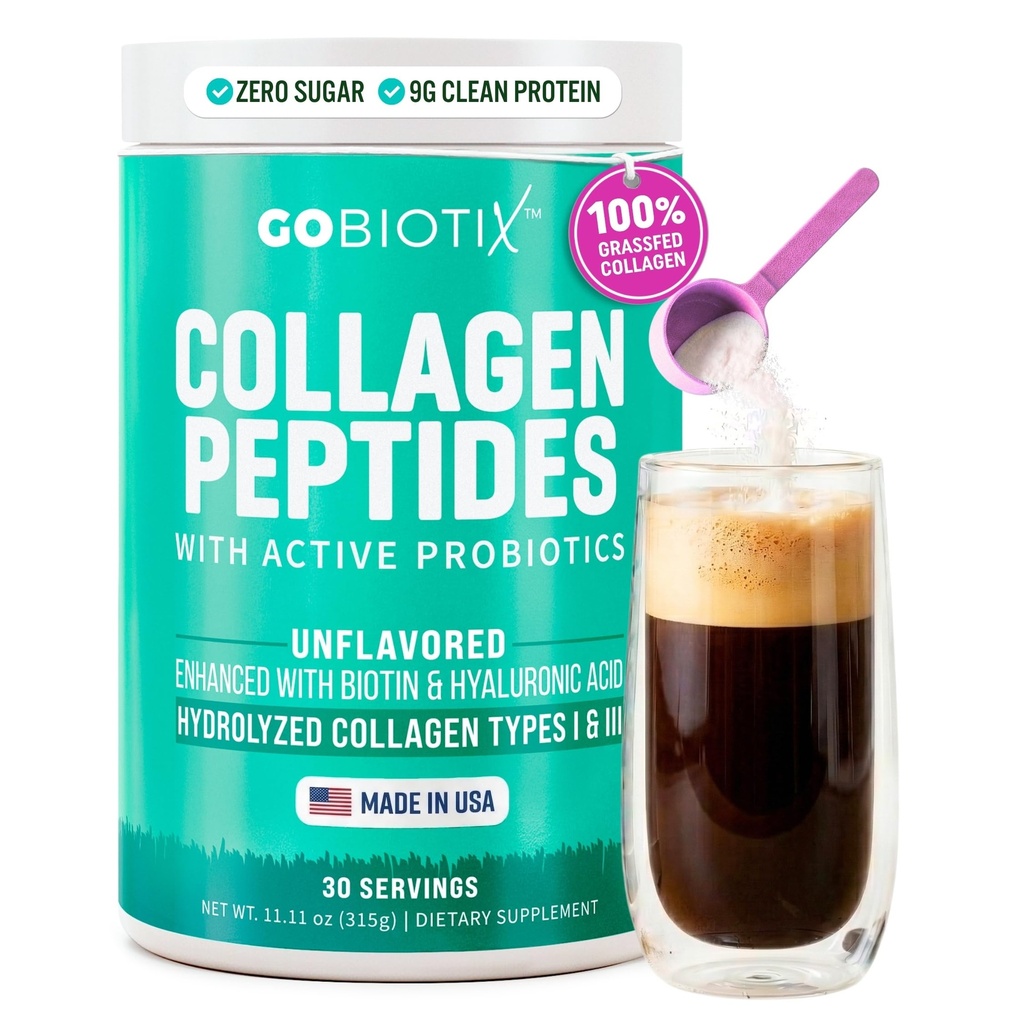GOBIOTIX Collagen Powder Suplemento con Probióticos - Hidrolyzed Protein Collagen Powder for Women - Hair Skin and Nails, Joint and Digestive Health - Collagen Peptides Tipo I y III - 30 Servings