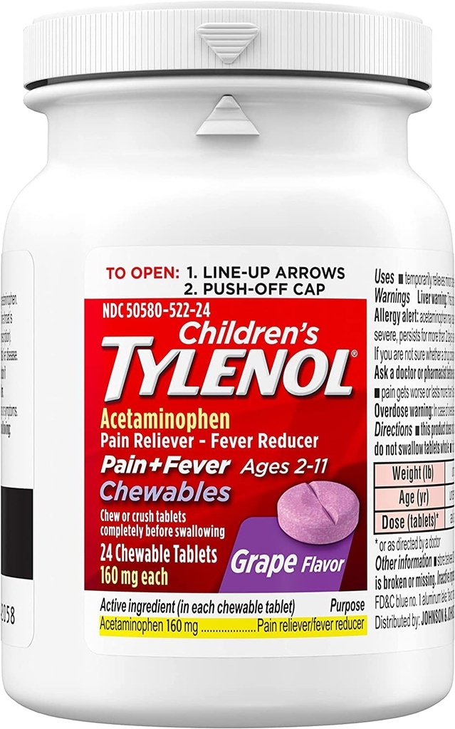 Tylenol El dolor de los niños más fiebre, uva, 24 tabletas chewable (Pack of 2)