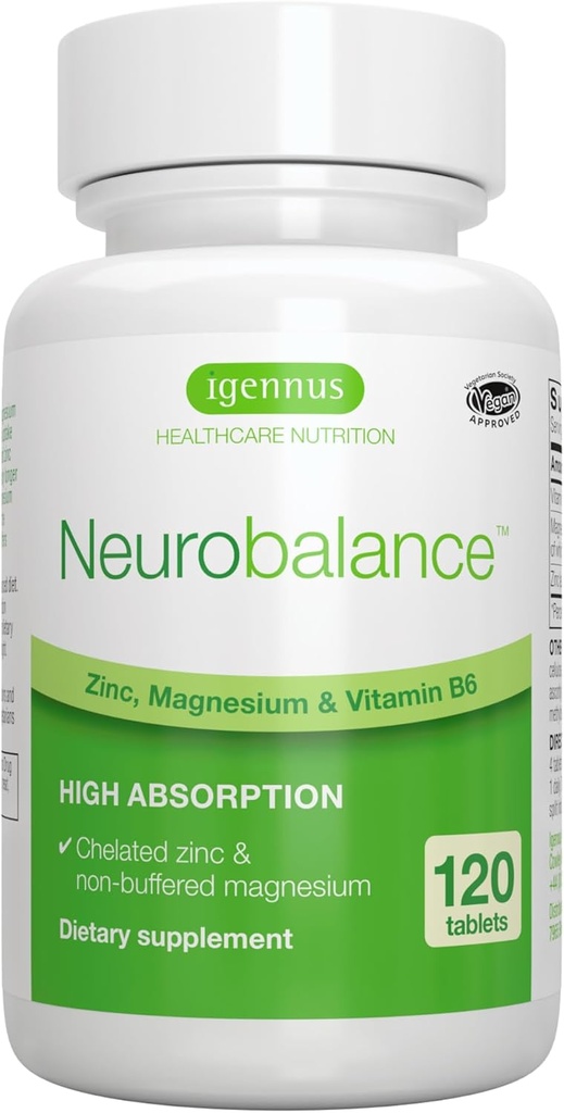 Igennus Neurobalance High Absorption Zinc Magnesium & B6 Complex, Cognitive Support, Focus & Muscle Recovery, 24mg Chelated Zinc Picolinate, All Day Nutrient Delivery, Vegan, Non-GMO, 120 Tablets