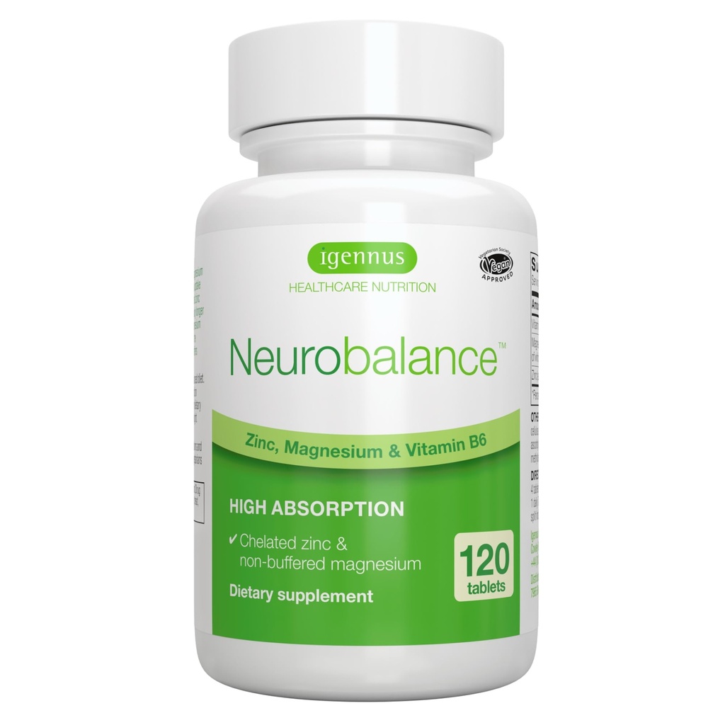 Igennus Neurobalance Zinc Magnesium & B6 Complex Formulated for Cognitive Support, Calm Focus & Relaxation, 120 Small Tablets, High Absorption Chelated Zinc & Fully Reacted Magnesium, Vegan, Non-GMO