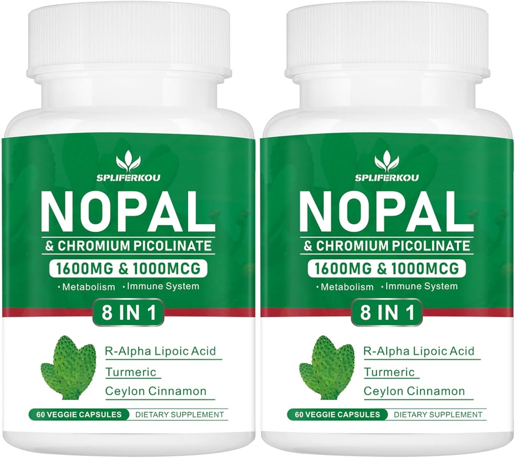 Super Nopal 1600mg, Prickly Pear Suplemento con R-Alpha Lipoic Acid, Turmeric,120 Capsules (60 Servings)