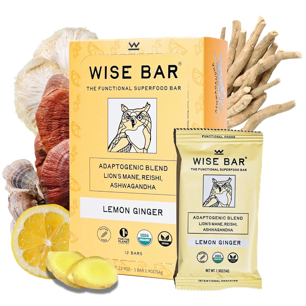 Wise Bar Adaptogen Mushroom Nutrition Bares con Reishi, Lions Mane & Ashwagandha, Organic Vegan &amp; Gluten Free Snacks for Natural Focus, Energy &amp; Immunity Support, Lemon Ginger Flavor, 12 Condes