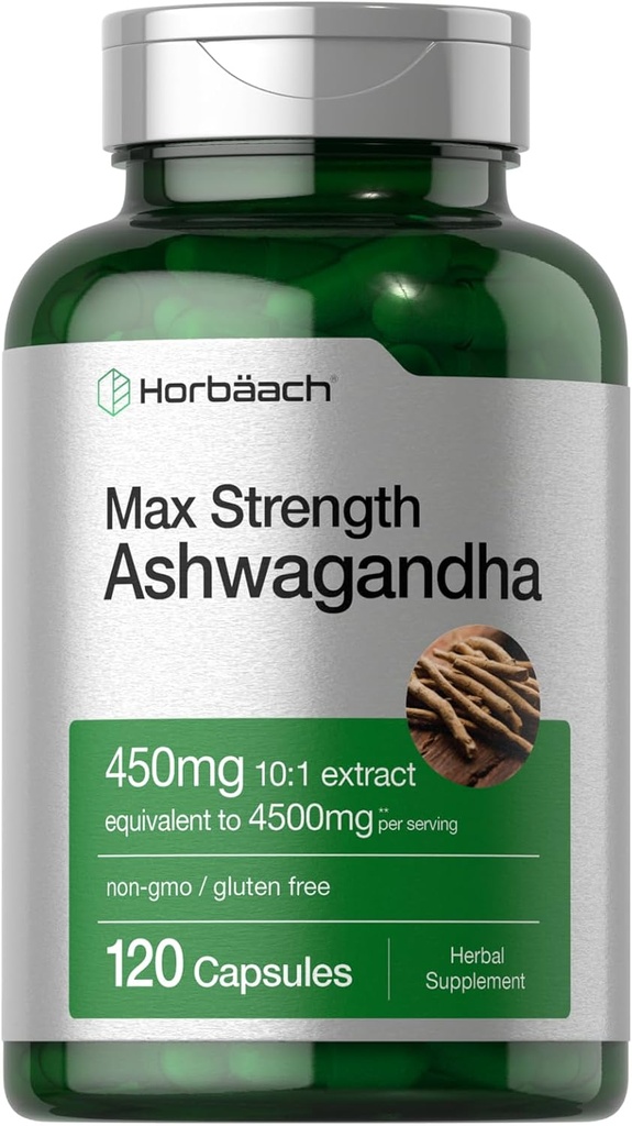 Horbäach Ashwagandha Suplemento Silencio Max Strength ← 120 Capsules ← Non-GMO, Gluten Free