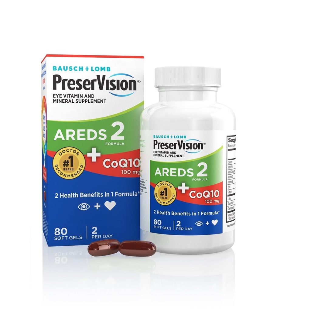 PreserVision AREDS 2 Vitaminas Oculares con CoQ10 para la salud cardíaca, #1 Eye Doctor Recomendado Marca, Luteína y Zeaxantina Suplemento con Vitamina C &amp; E, Zinc y Copper, 80 Softgels