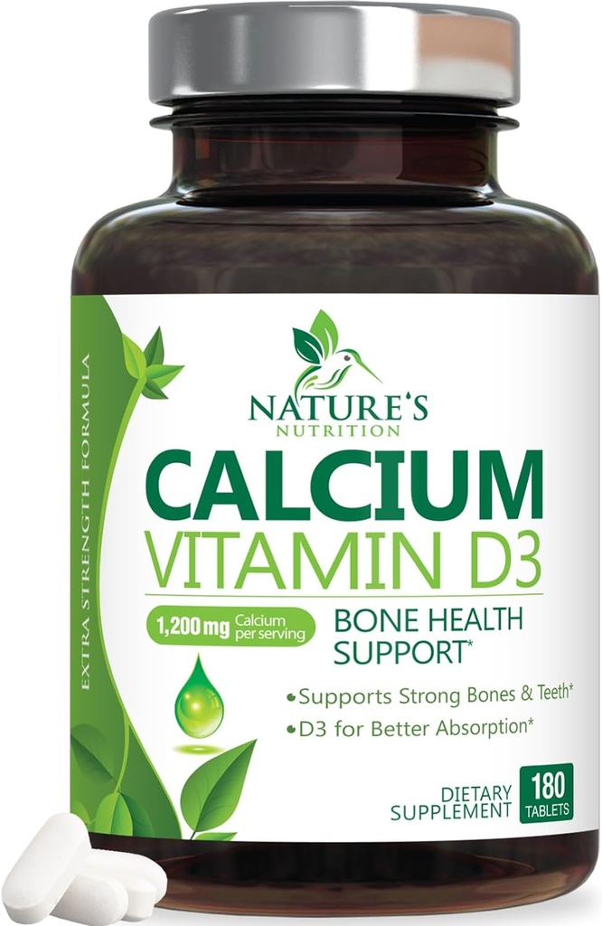 Suplemento de calcio 1200 mg - con vitamina D3 para la mejor absorción - Apoya la salud inmunitaria, los huesos y los dientes - Carbonato de calcio de la naturaleza + 1600 UI de D3 - Botellado en EE.UU. para hombres de mujeres - 180 Tabletas