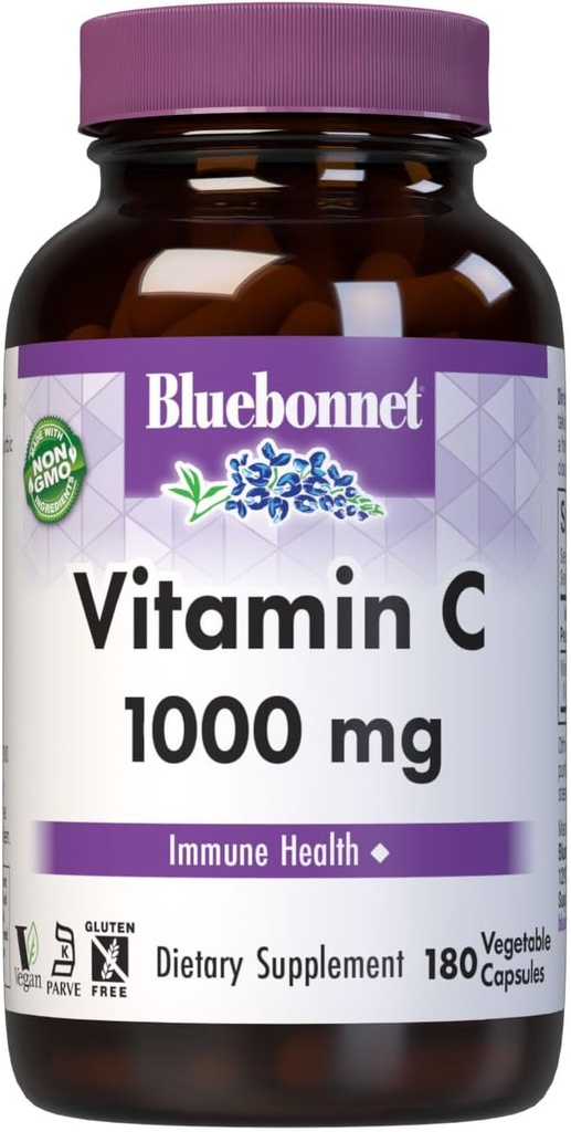 Bluebonnet Nutrition Vitamina C 1000 Mg Cápsulas vegetales, ácido ascórbico, para la salud de la piel inmune, Vegan, Vegetariano, No GMO, Gluten, Soy &amp; Milk Gratis, Kosher, 180 Conde
