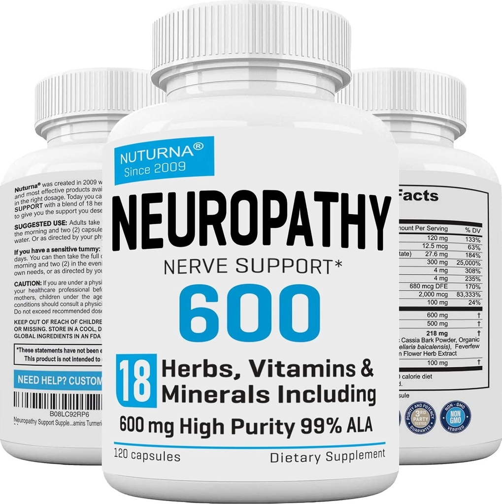 Suplemento de soporte de neuropatía con 600 mg HP-99 Ácido Lipoico alfa - Fórmula ALA Nerve para manos de pies Fingers Legs - 18 en 1 Vitaminas de Nerve periférica natural - 120 cápsulas
