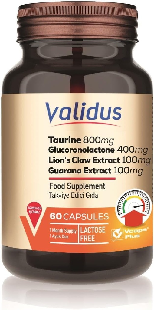 VALIDUS Taurine 800 mg + Glucoronolactona 400 mg + Claw de León Extracto 100 mg + Guarana Extracto 100 mg 60 cápsulas