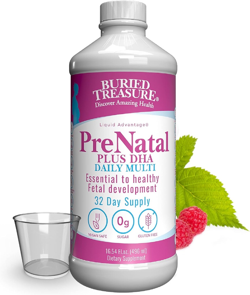 Tesoro Buried Prenatal Plus DHA Complete, 16 oz Orange Banana Flavor, High Potency Liquid Formula Suplemento para Antes, Durante, Post Embarazo, Natural DHA Omega3 Iron Vegetarian Seguro w / Copa de dosis
