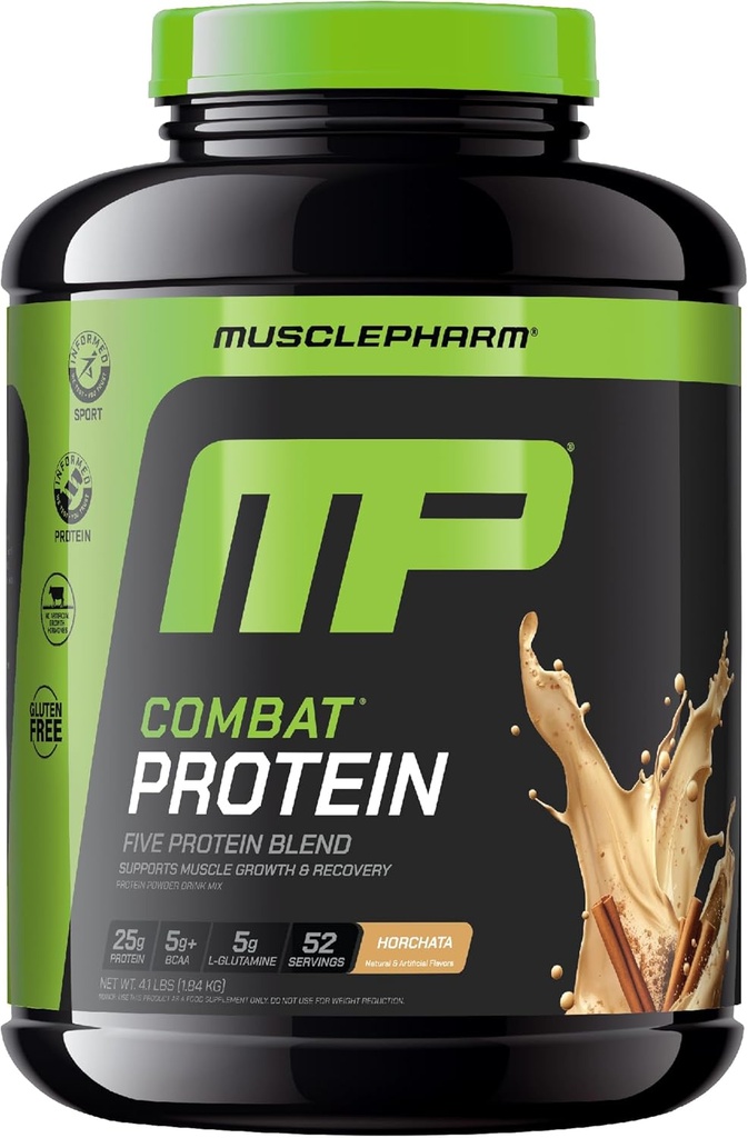 Muscle Pharm Combat Protein Powder, Horchata Flavor, Fuels Muscles for Productive Workouts, 5 Protein Sources including Whey Protein Isolate &amp; Egg Albumin, Gluten Free, 4 lb, 52 Servings