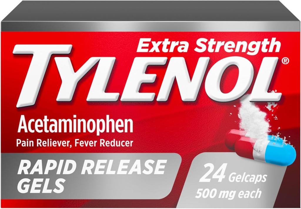 Tylenol Extra Strength Acetaminophen Rapid Release Gels, Extra Strength Pain Reliever " Fever Reducer, Gelcaps with Laser-Drilled Holes, 500 mg Acetaminophen, 24 ct