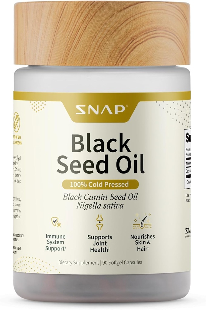 Snap Supplements Black Seed Oil Capsules – 100% Cold Pressed Organic Nigella Sativa – Supports Immune Health, Detox, Skin, Hair, Joints & Overall Wellness – 90 Softgels