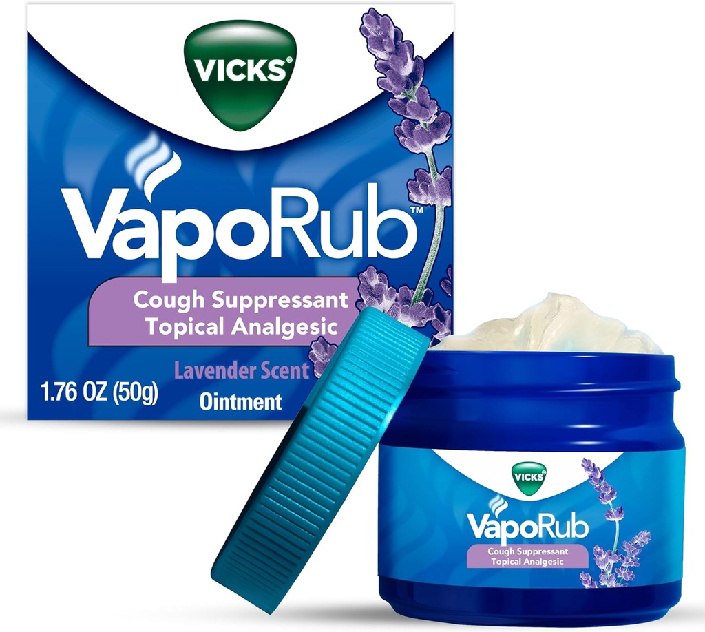 Vicks VapoRub, Lavender Scent, Suppressant, Topical Chest Rub &amp; Analgesic Ointment, Medicated Vicks Vapors, Relief from Cough Due to Cold, Aches & Pains, 1.76oz