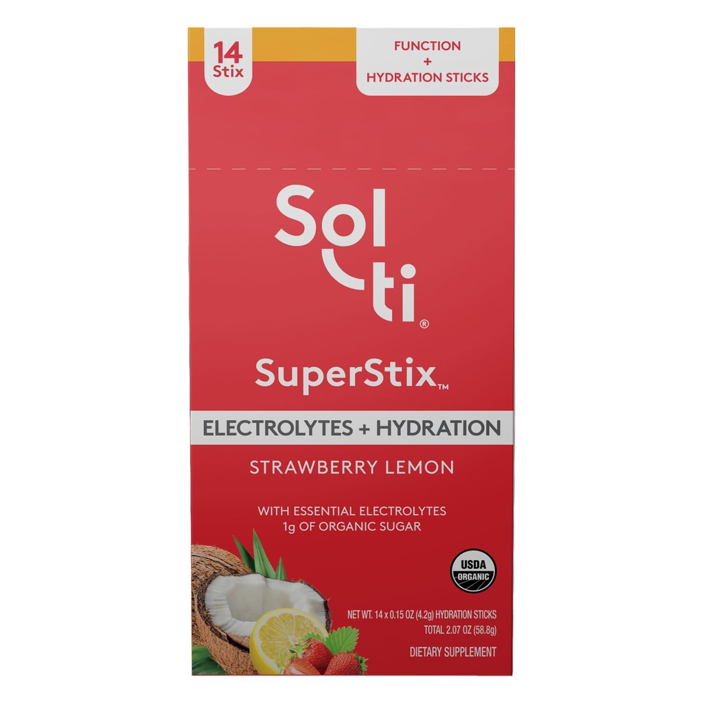 Electrolitos orgánicos + Mezcla de Hidratación, Pegatinas de Hidratación Superalimentaria, SuperStix por Sol-ti, Non-GMO, Vegan, Lemon de Fresa, 14 Pegatinas Single-Serving