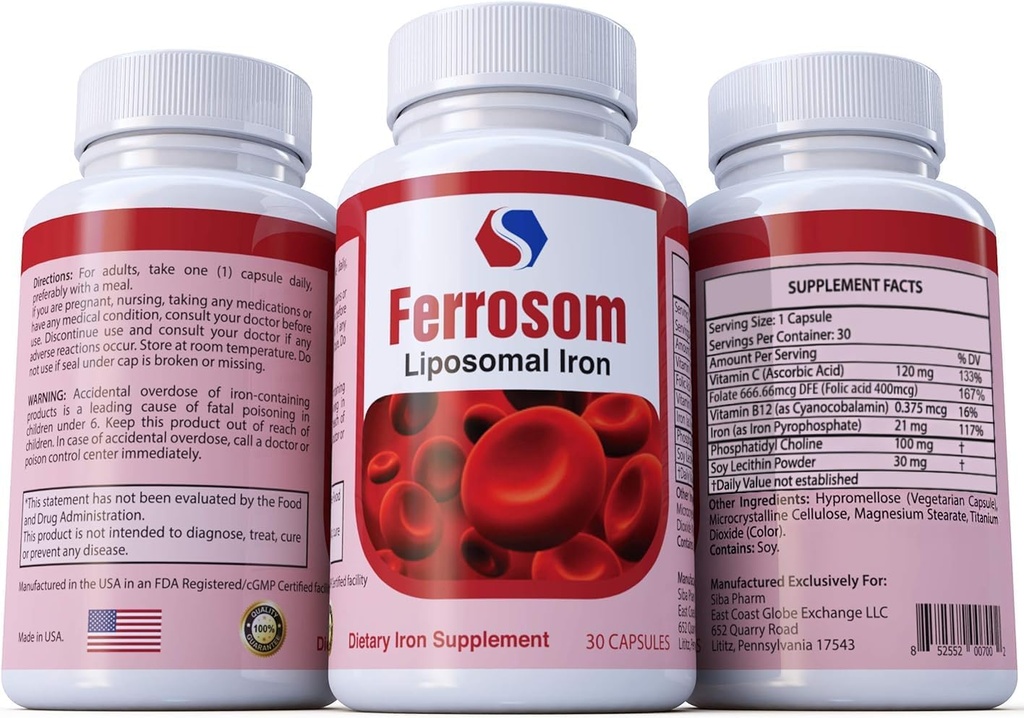 Suplementos de Hierro Liposomal por Siba Pharm Ø Ferrosom Dietética Vitaminas de Hierro Suplemento Silencio Rich in Vitamin C, B12, Folic Acid habit Non GMO, Vegan, Calidad Premium Vida Ayuda Nueva Producción de Célula de Sangre