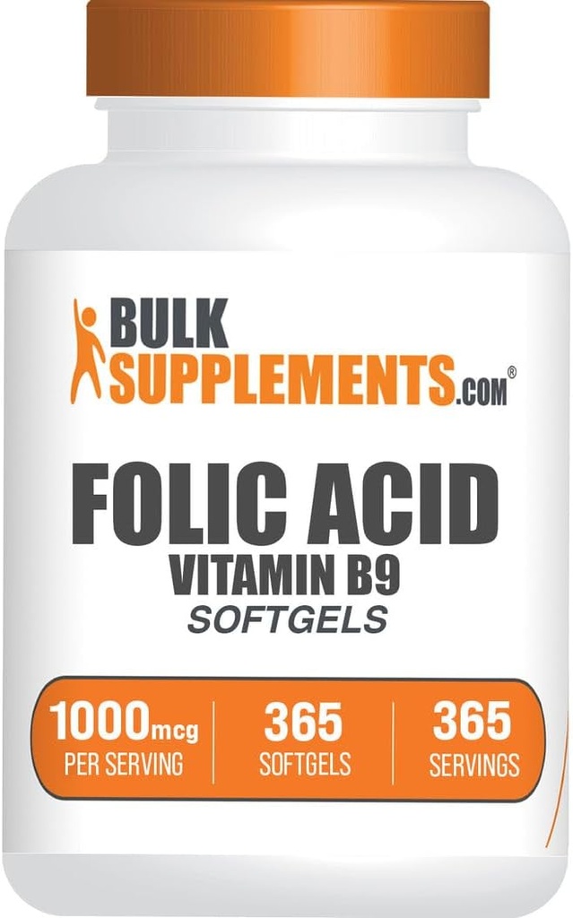 BulkSupplements.com Folic Acid Softgels - Vitamina B9, Folic Acid 1000 mcg, Folate Supplement - Gluten Free, 1 Softgel por Serving, 365 Cuenta (Pack of 1)