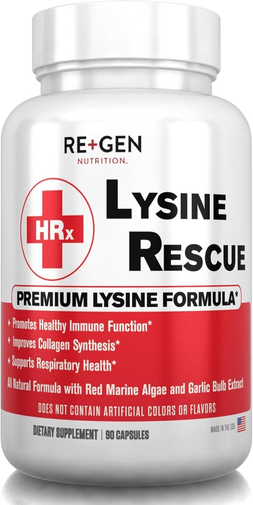 Re+Gen Nutrition Lysine Rescue, Amino Acid Supplement for Stronger Immune Health & Collagen Synthesis in Women &amp; Men, Promotes Lips & Skin Health, Natural, Pure L-lysine, 90 Capsules, 45 Day Supply
