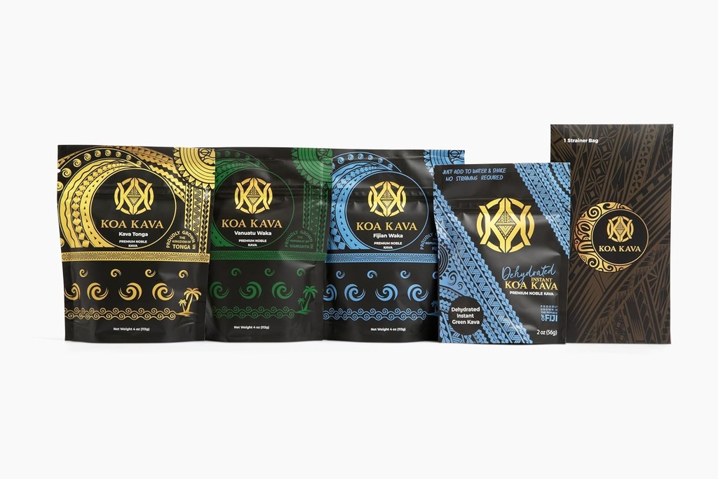Koa Kava Premium Sample Pack – 2 oz Dehydrated Instant Kava Powder + 4 bolsas de Tongan, Fijian, y Vanuatu Waka Medium Grind Varieties. ¡Descubre su favorito para la máxima calma y relajación!