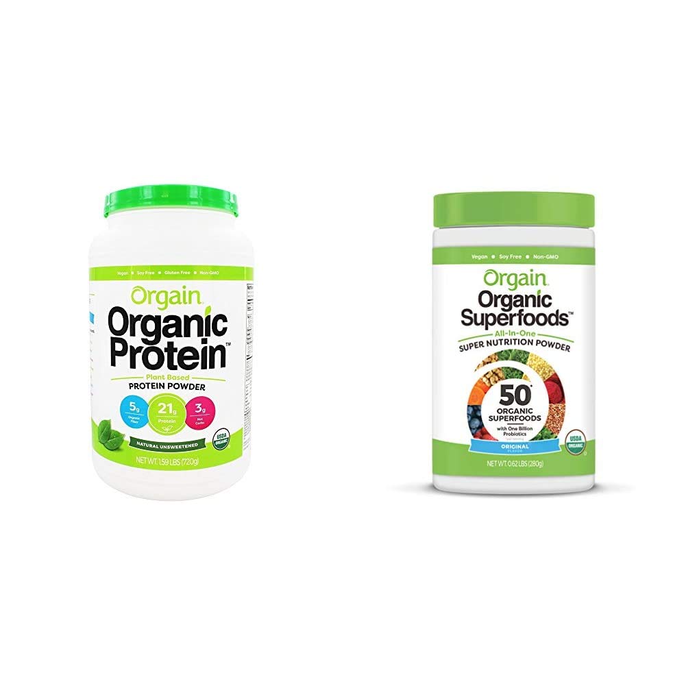 Orgain Organic Plant-Based Protein Powder + Superfoods Greens Powder Bundle (1.59lb + 0.62lb)