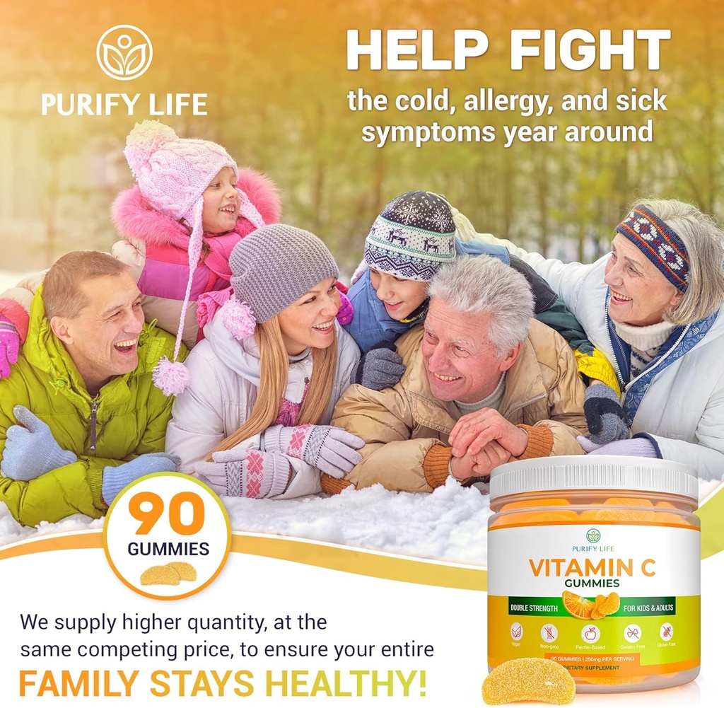 Potent Vitamina C Gummies for Adults &amp; Kids (Bulk - 90 Chews), Vegan Vitamina C Chewables for Double Strength Immune Support, Gelatin and Gluten-Free Gummy, Replaces VIT C Pills, Tablets & Syrup