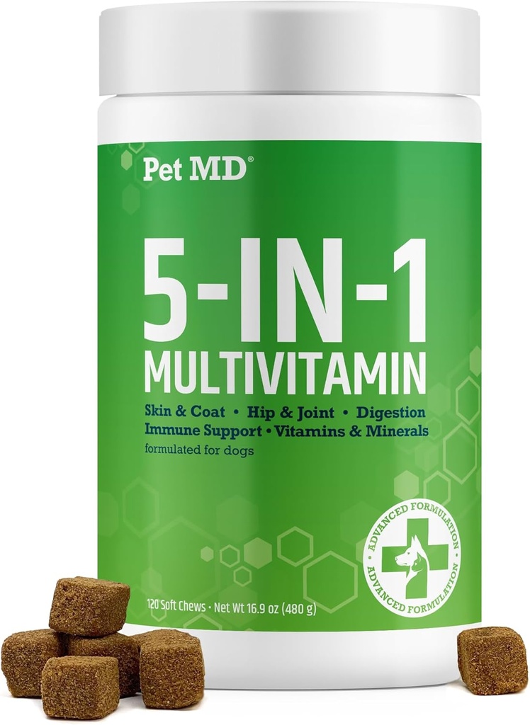 Pet MD 5in1 Dog Multivitamin - 30 Vitaminas Esenciales, Minerales " Nutrientes para la piel " Coat, Hip " Joint, Digestion, Senior Dog " Puppy Vitaminas - Glucosamine, Omega 3 6 9, " Probiotics - 60ct