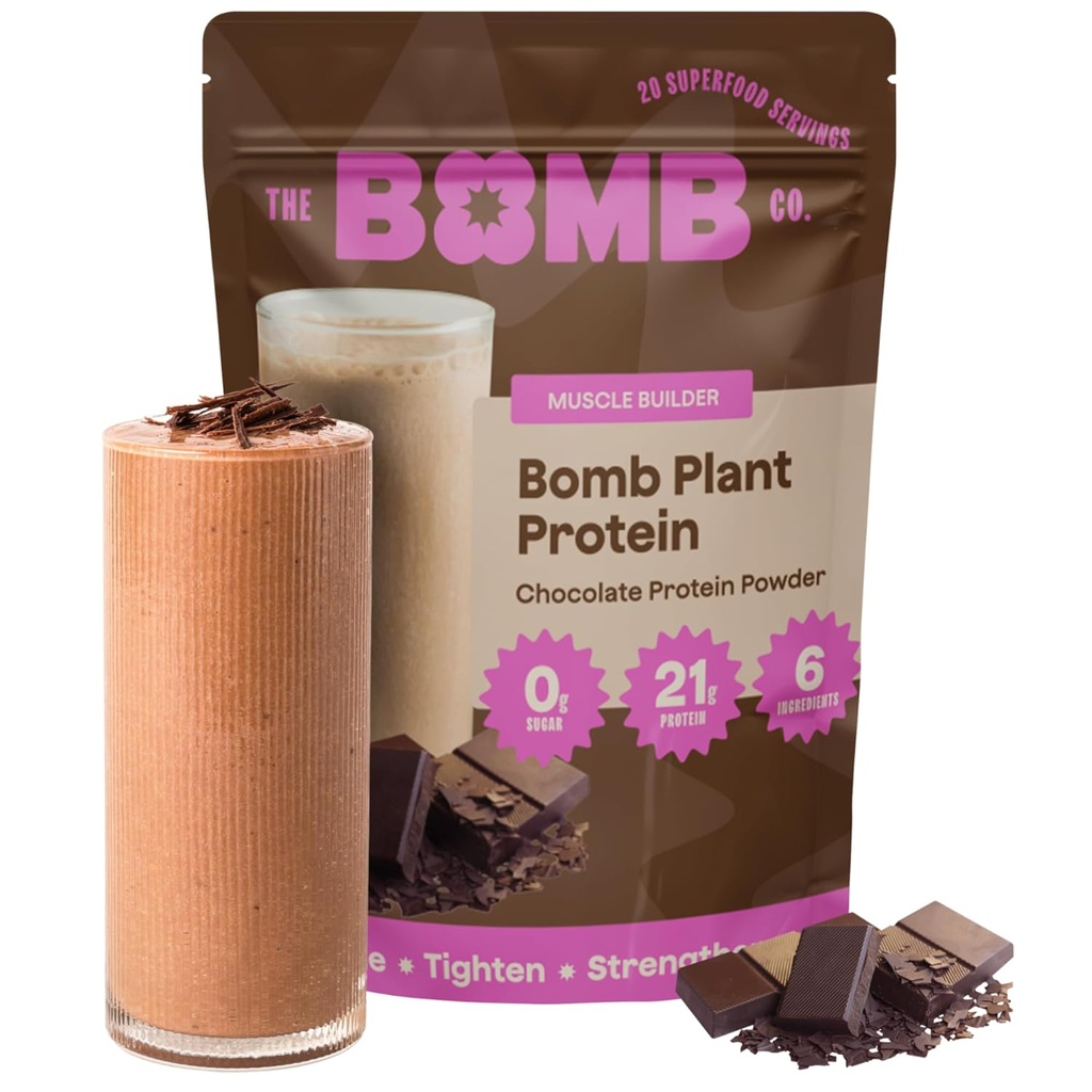 The Bomb Co. Bomb Plant Protein, Protein Powder with 21g Protein, Amino Acids, Zero Sugar, Pea Protein, Cocoa, Chia Seeds, Pumpkin Seeds, Vanilla &amp; Monk Fruit, Gluten Free, Chocolate Flavor, 20 Srvgs