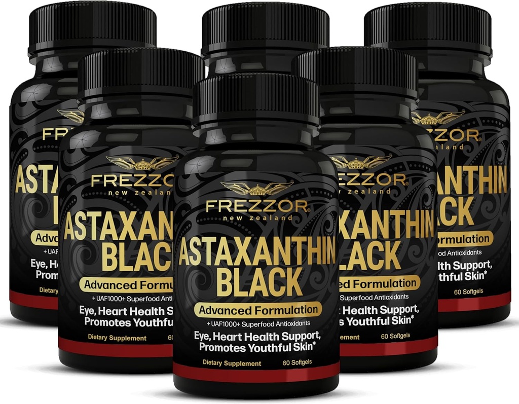 FREZZOR Astaxanthin Black with UAF1000+ Super Antioxidant, Supports Heart, Eye & Brain Health, Anti-Aging Skincare & Cellular Protection, 12mg Astaxanthin per Serve, 360 Softgels, 6 Month Supply