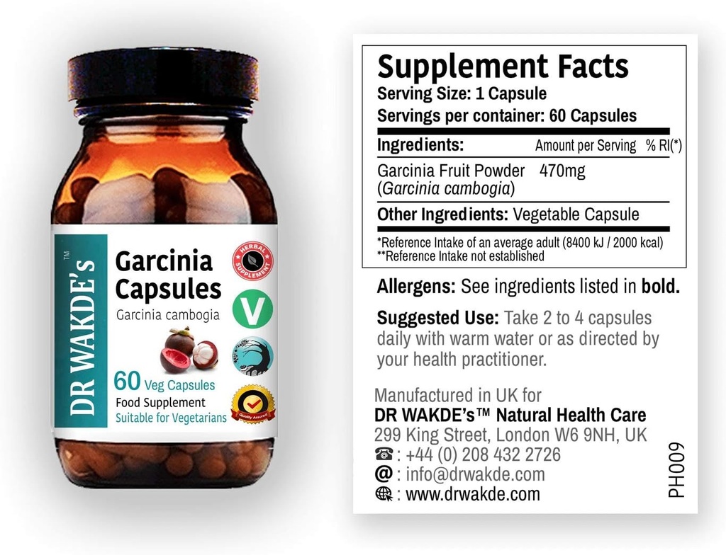 Dr. WAKDE'S Garcinia Fruit Capsules (Garcinia cambogia, 60 Veg Caps, Suplemento de base vegetal, hierba ayurvédica, todo natural, vegano)