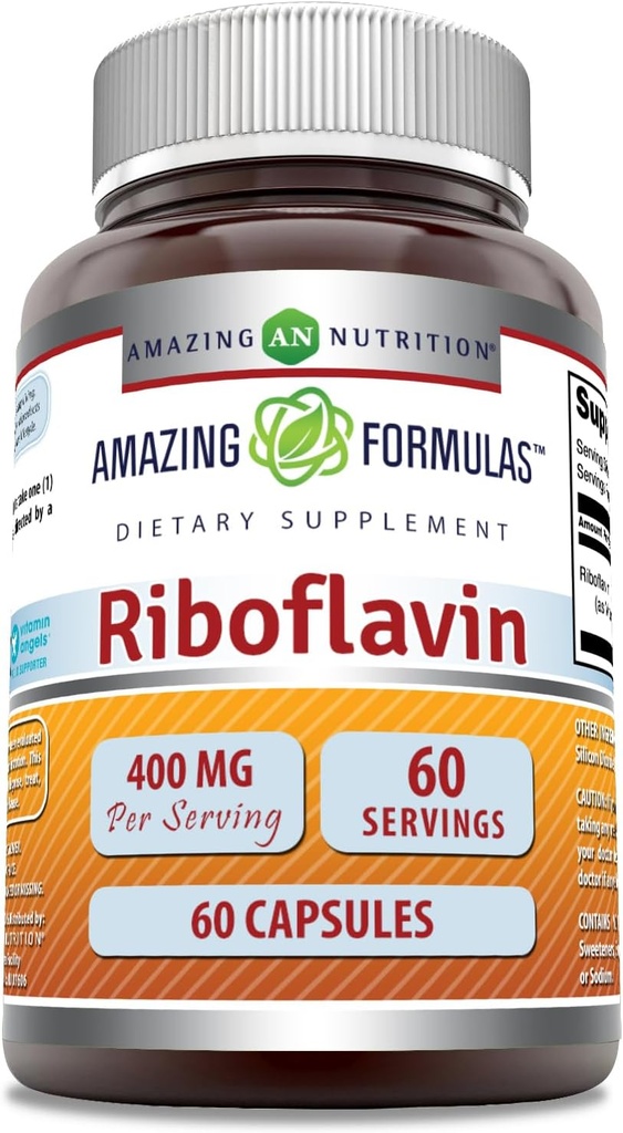 Amazing Formulas Riboflavin (Vitamin B2) Suplemento Silencio 400 Mg por Serving  60 Capsules ← No Gluten-Free TEN Made in USA
