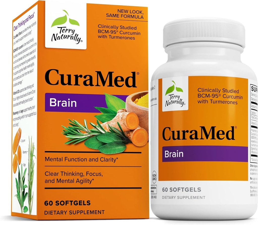 Terry Naturally CuraMed Brain - Dietary Supplement to Support Clarity & Focus - Brain Health Supplement with Curcumin & Turmeric Essential Oil to Aid Concentration - 60 Softgels