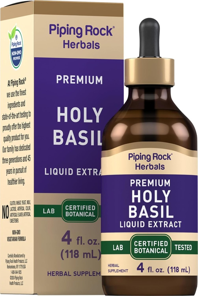 Piping Rock Holy Basil Liquid Extract | 4 Fl Oz | Tulsi Leaf Tincture | Vegetarian, Non-GMO, Gluten Free Supplement