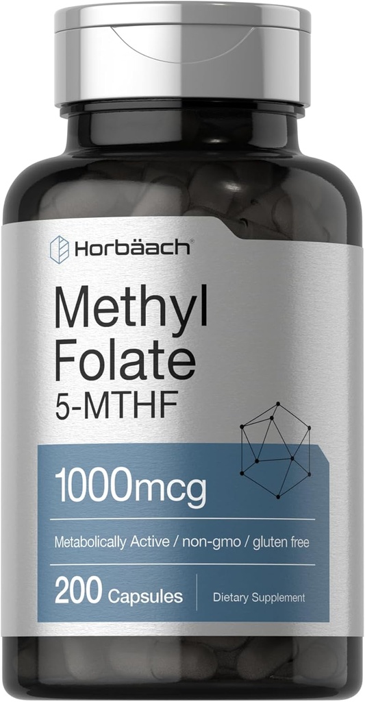 Horbäach Methyl Folate Suplemento TENIDO 1000 mcg ANTE 200 Capsules TENIDO 5-MTHF ANTE FÁLISIS FÓLIICO TENIDO NO GMO, Gluten Free Methylfolate