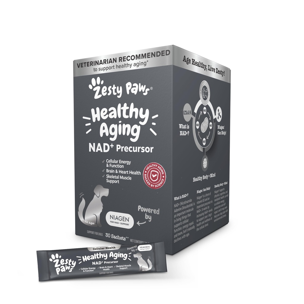 Zesty Paws NAD+ Precursor Suplemento para perros - Niagen for Healthy Aging " Skeletal Muscle Support " Recovery - Brain, Heart, " Cellular Energy Support - Nicotinamide Riboside Chloride – 30 Sachets