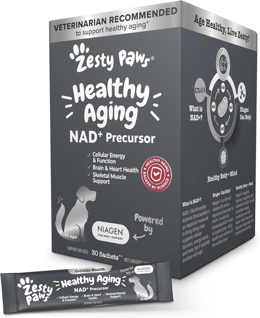 Zesty Paws NAD+ Precursor Suplemento para perros - Niagen for Healthy Aging " Skeletal Muscle Support " Recovery - Brain, Heart, " Cellular Energy Support - Nicotinamide Riboside Chloride – 30 Sachets