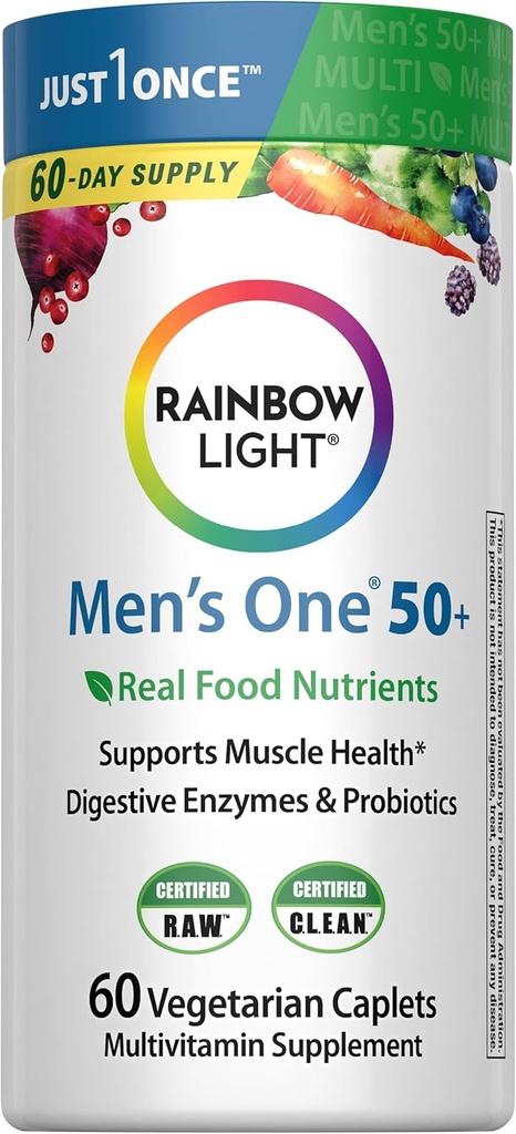 Multivitamina de luz arco iris para hombres 50+, Vitamina C, D & Zinc, Probióticos, Hombres Uno 50+ Multivitamina proporciona soporte de inmunodeficiencia alta, no GMO, Vegetariano, 60 Tablets