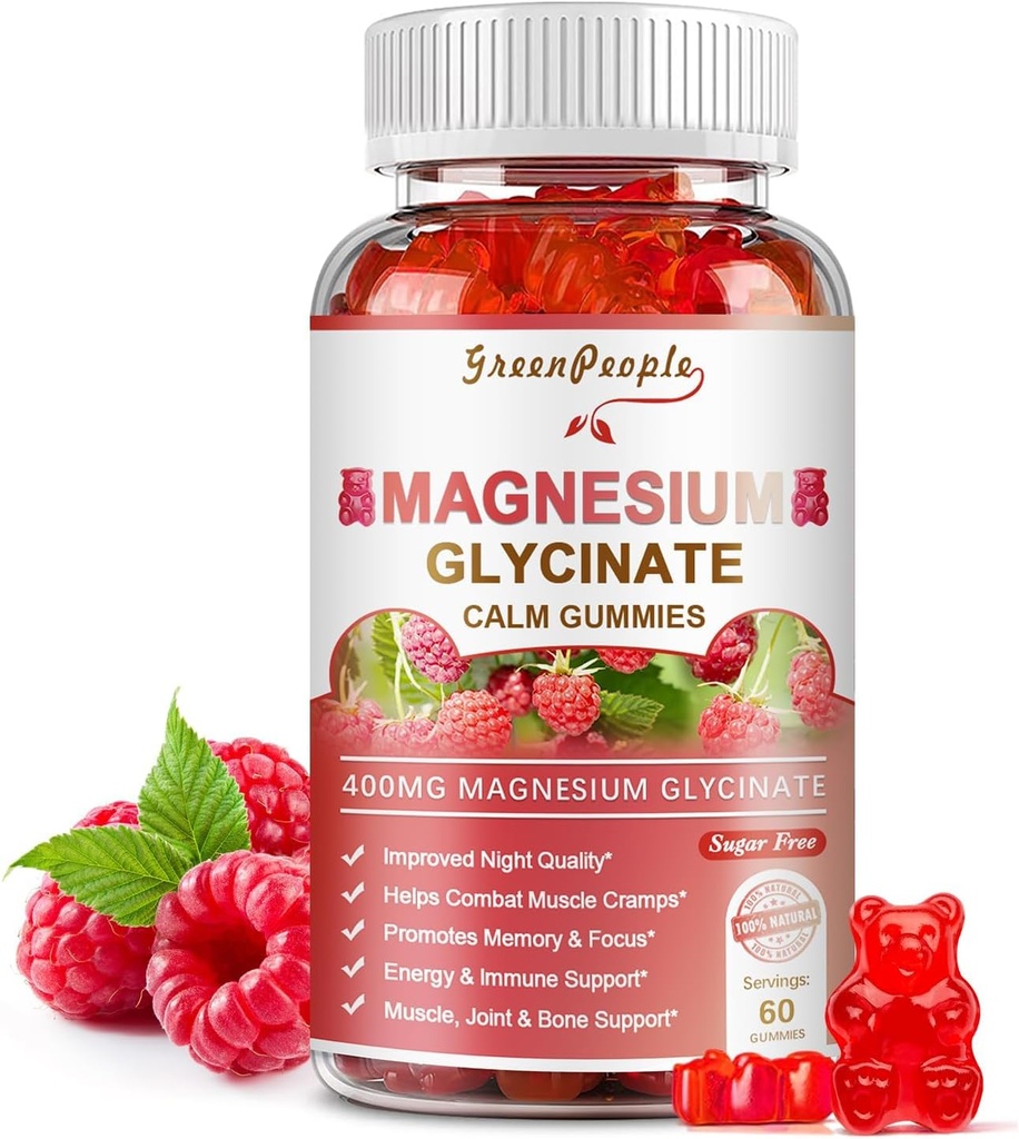 GREENPEOPLE Magnesium Glycinate Gummies 400mg - Suplemento de Potasio de Magnesio Gratuito con Magnesio Malate, Vitamina D, B6, y CoQ10 para el apoyo a la calma &amp; sueño para adultos - Raspberry Gummies