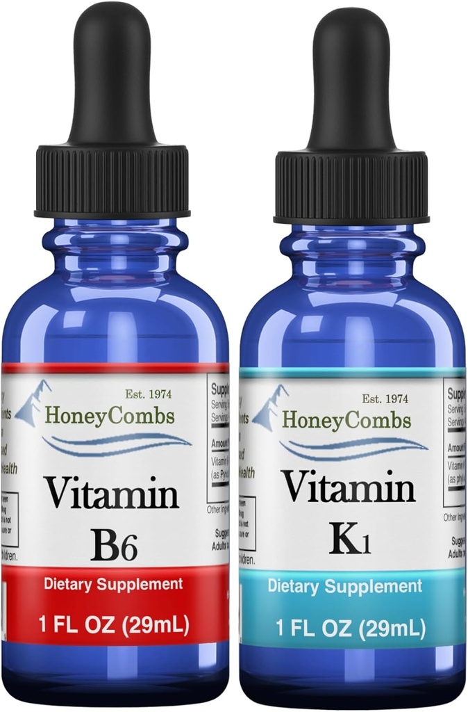 HoneyCombs Vitamina B6 &amp; K1 Extractos de Piridoxina Líquida &amp; Vitamina K para Vegan, Soporta Salud Global, Extracto Líquido de Vitamina No GMO, 1 oz Cada