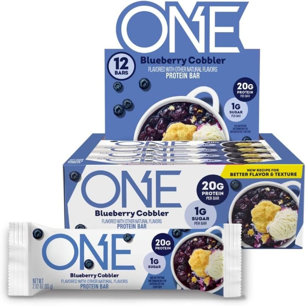 ONE Protein Bars, Blueberry Cobbler, Gluten Free with 20g Protein and 1g Sugar, Pantry Staples, 2.12 oz (12 Count)