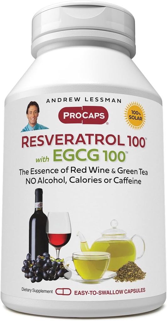 ANDREW LESSMAN Resveratrol-100 EGCG 100mg - 180 Capsules - Two Naturally Occurring Anti-oxidants, Without Alcohol or Caffeine.