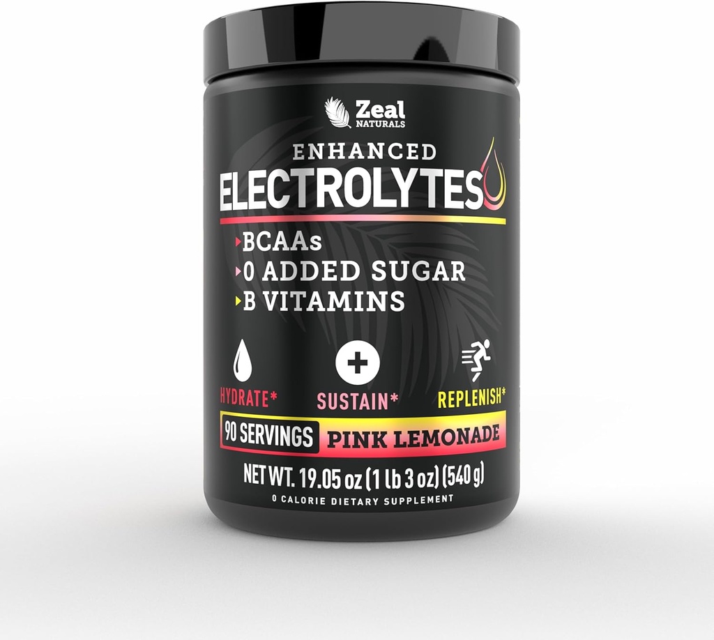 Zeal Naturals Electrolyte Powder Recovery Drink (90 Servings ← Pink Lemonade) w 0 Sugar +BCAAs +B-Vitamins Electrolyte Suplemento w Potassium Zinc &amp; Magnesium for Hydration - Keto Electrolytes