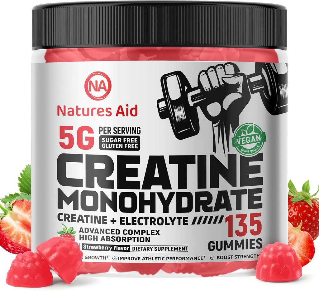 Natures Aid Creatine Monohydrate Gummies (5g) – Pre-Workout Energy &amp; Muscle Growth Support for Men &amp; Women ← Strawberry Electrolyte Gummies (135 Conde)