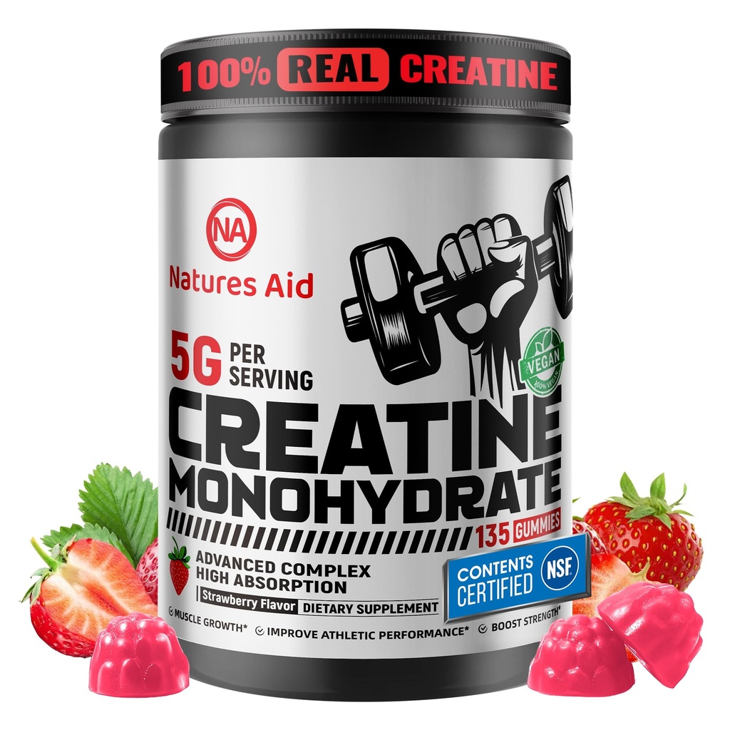 Natures Aid Creatine Monohydrate Gummies (5g) – Pre-Workout Energy &amp; Muscle Growth Support for Men &amp; Women ← Strawberry Electrolyte Gummies (135 Conde)