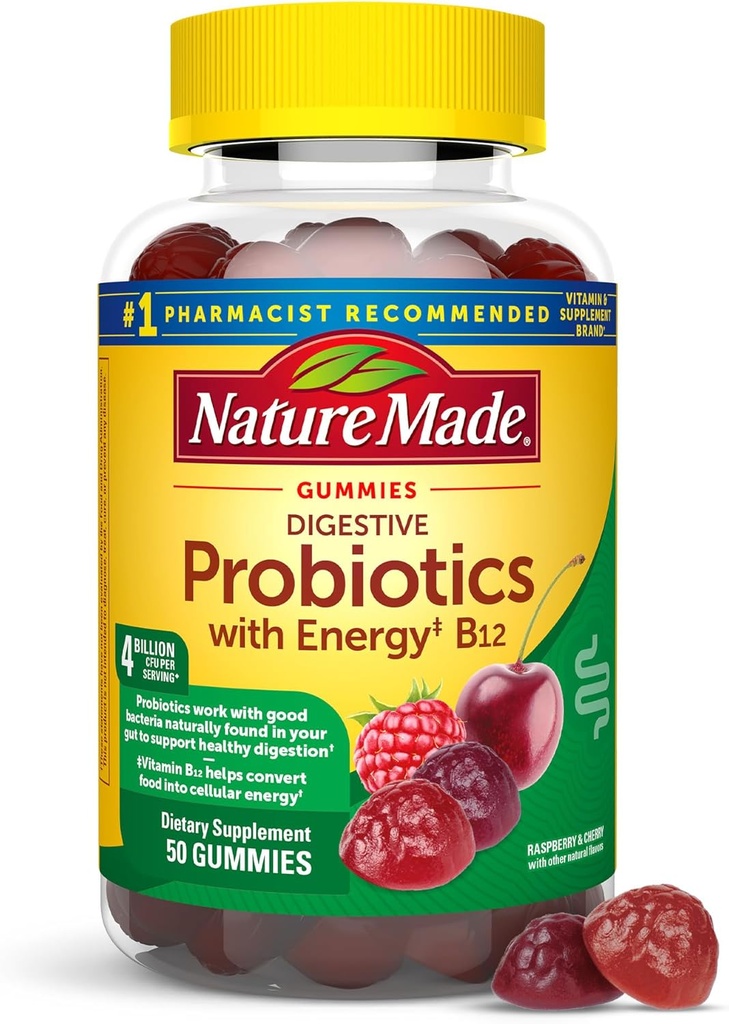 Probióticos Digestivos y Energía B12 Gummies, Probióticos para Mujeres y Hombres, 50 Gummies Probióticos, 25 Day Supply