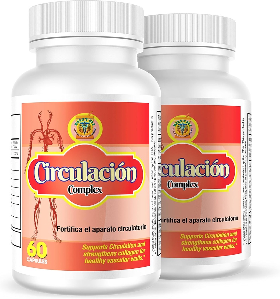 Nutrisalud Products Circulacion Complex, Capsulas naturales para la circulacion.Set de 2 frascos.Combaten Varices,calambres,hinchazon de pies y Manos,ayudan a bajar el colesterol.