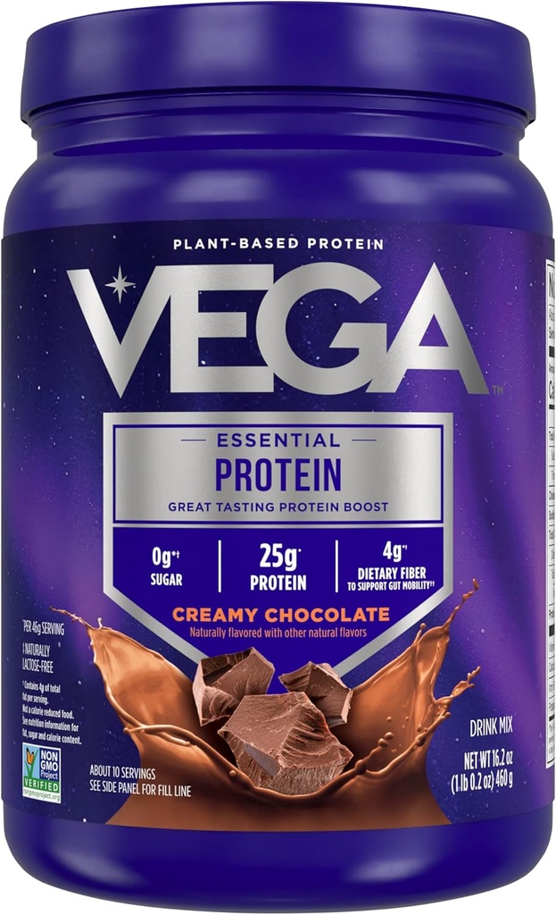 Vega Original Proteína Esencial - 25g Proteína de base vegetal, Chocolate Creamy, 10 Servings, Vegan Non-GMO Drink Mix, Smoothie & Shake List, Gluten Free, Dairy Free, 16.2oz (Packaging May Vary)