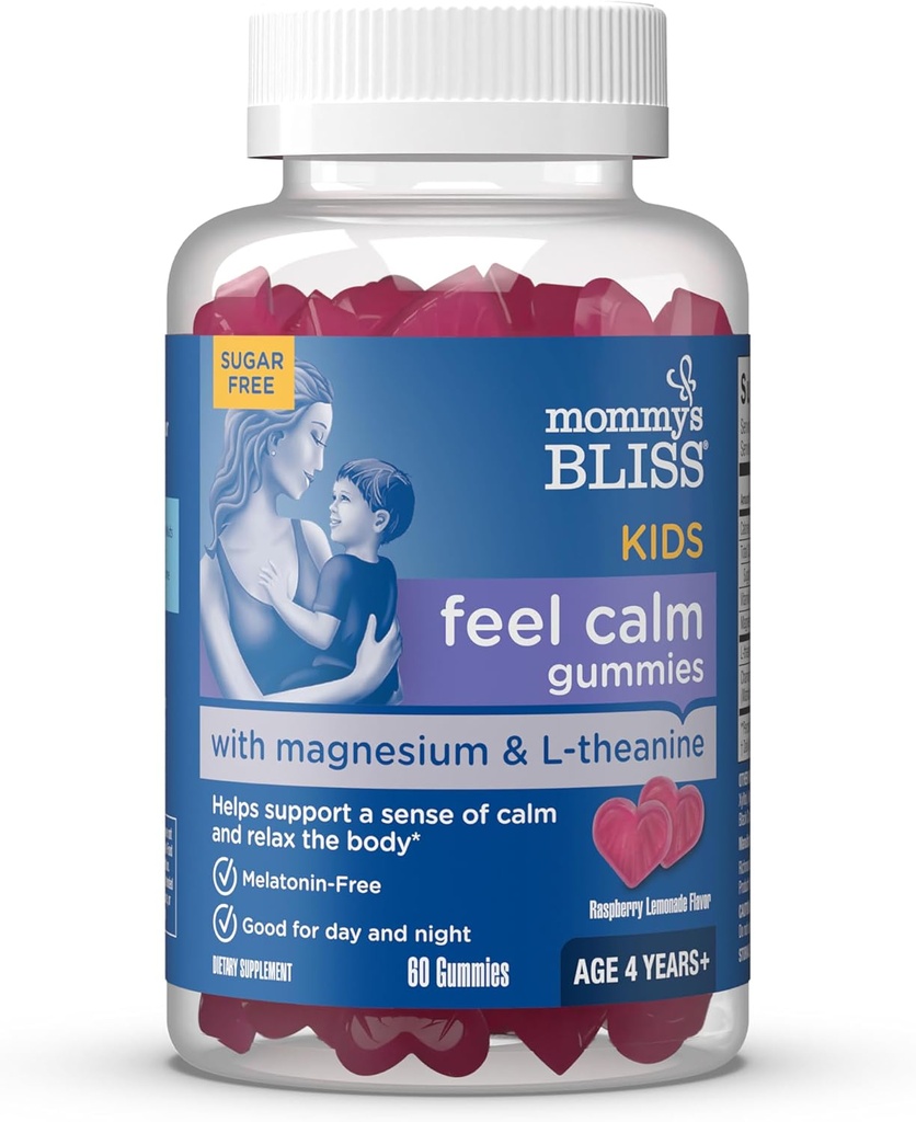 Mami's Bliss Kids Feel Calm Gummies, Support a Sense of Calm and Relax The Body, Made with Magnesium, L-theanine, Sugar Free Raspberry Lemonade Flavor, Age 4+, 60 Gummies